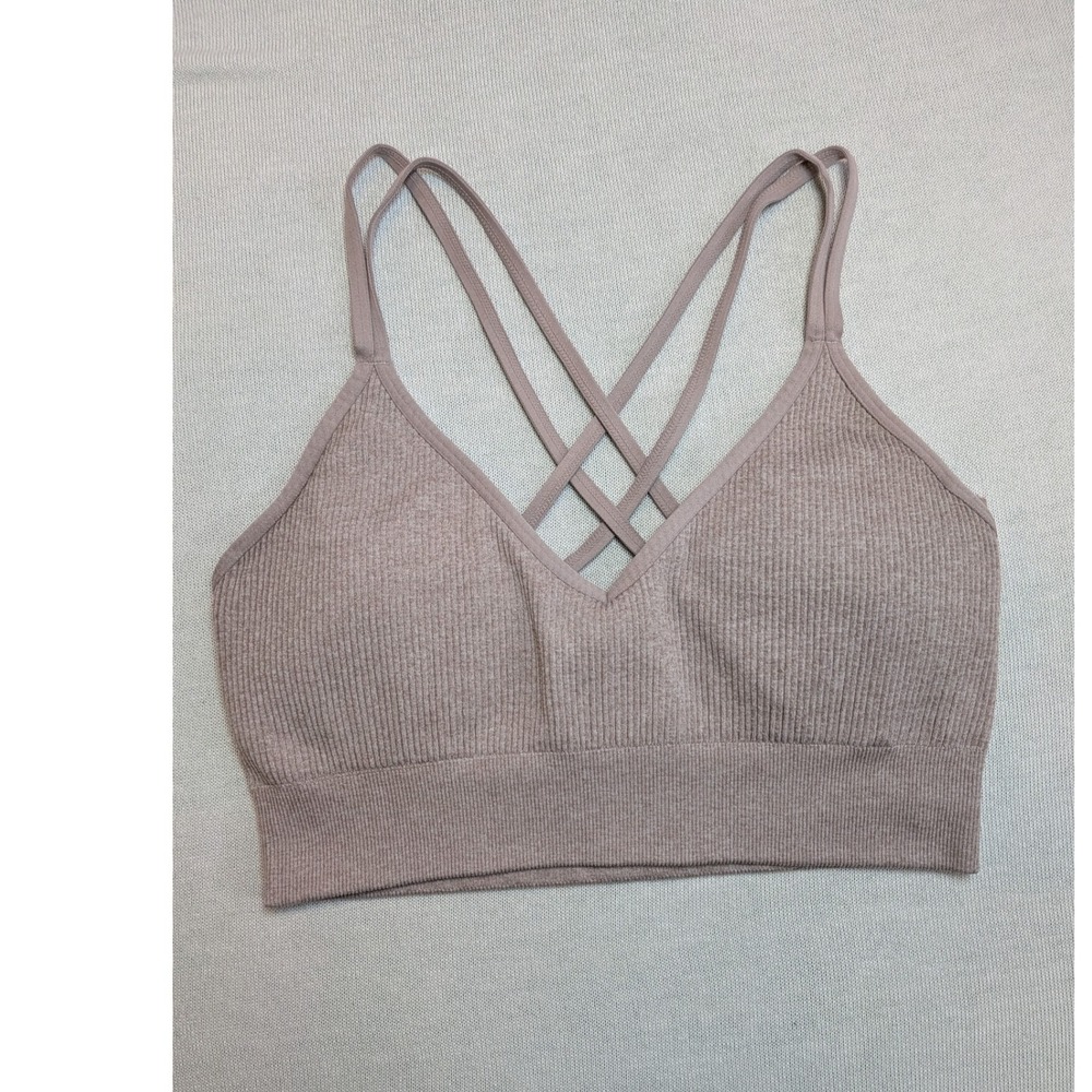 Aerie Ribbed Seamless Bralette Taupe Mauve Strappy Criss Cross Back Large